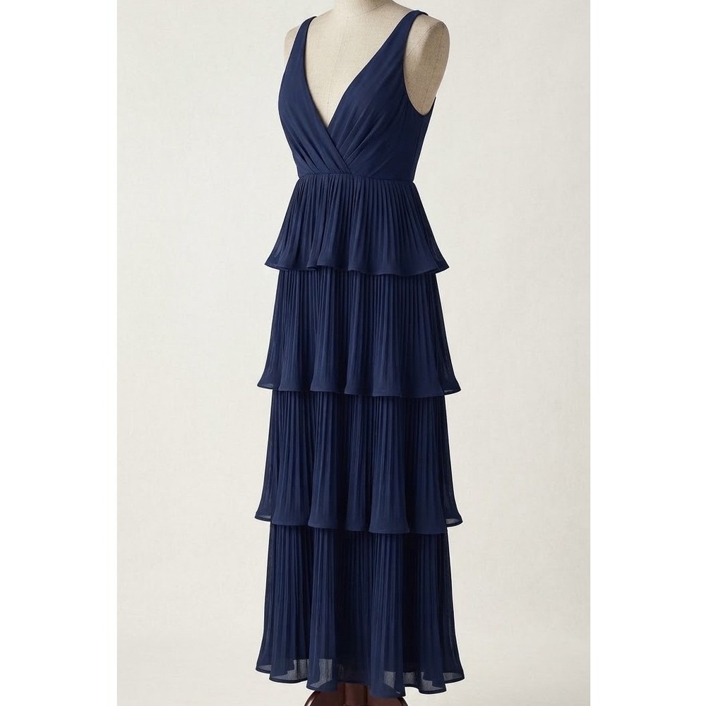 Lulus Mesmerizing Essence Navy Pleated Backless Tiered Maxi Dress Large Regancy